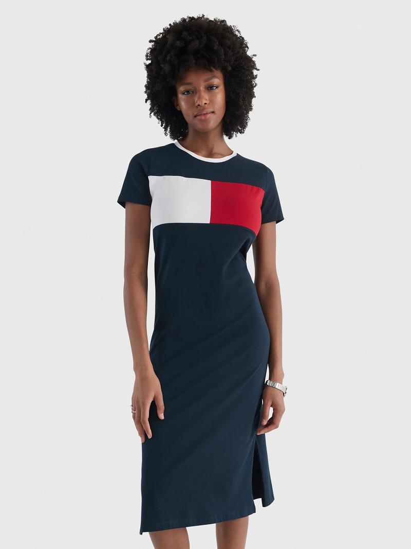 Női Tommy Hilfiger Flag Midi Dresses Sötétkék | HU 87RVD